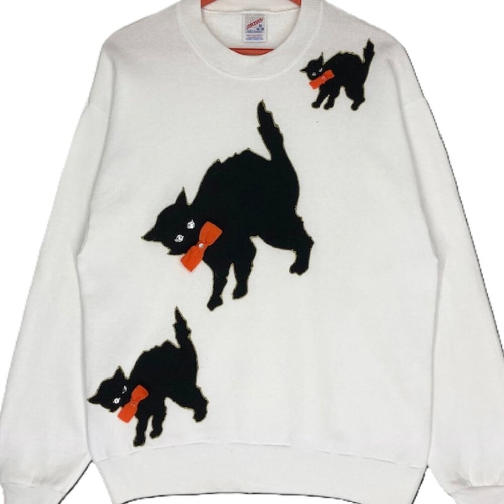 Vintage Black Cat Crewneck Sweatshirt Big Logo White Color